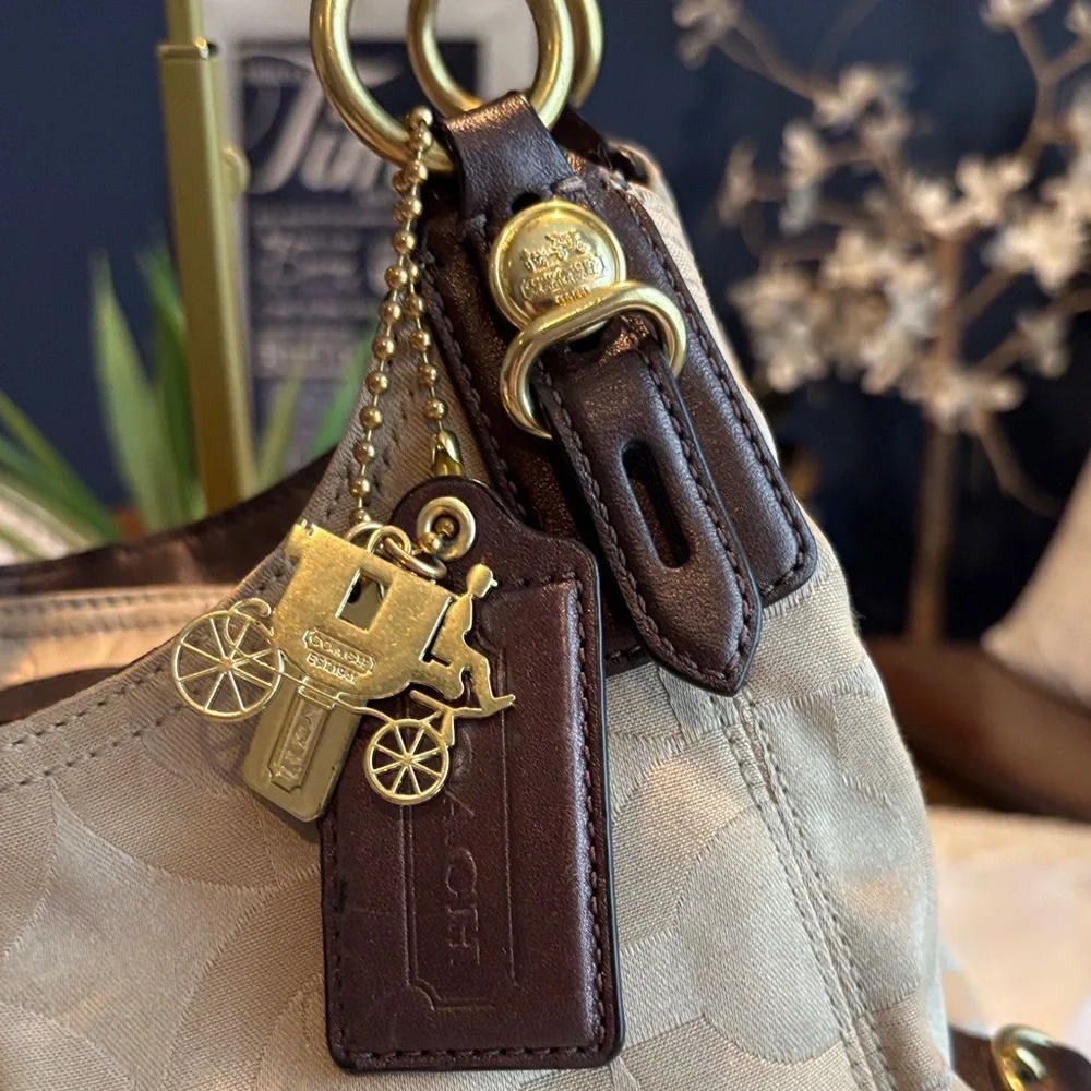 Coach Khaki Signature Jacquard Shoulder Bag with Dark Brown Trim - Picture 5 of 17